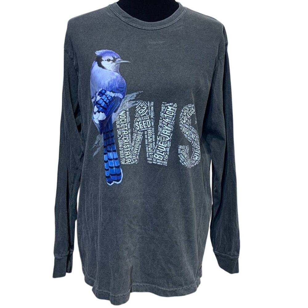 Wingspan Inspired Medium Blue Jay Bird Hand Printed Upcycled Long Sleeve Tee